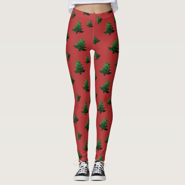 Sparkly Christmas tree green sparkles pattern red Leggings (Front)