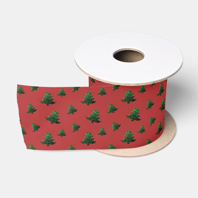 Sparkly Christmas tree green sparkles pattern red Satin Ribbon (Spool)