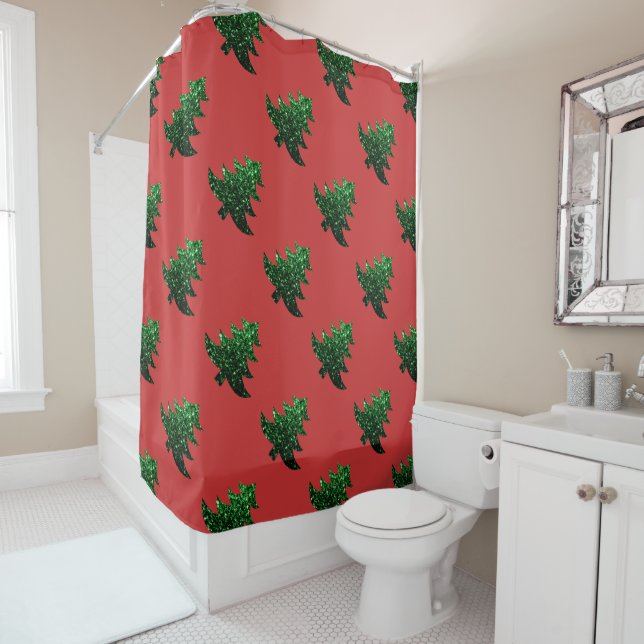 Sparkly Christmas tree green sparkles pattern red Shower Curtain (In Situ)