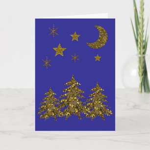Sparkly Christmas tree, moon, stars on blue Holiday Card