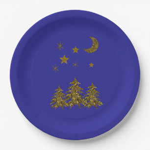 Sparkly Christmas tree, moon, stars on blue Paper Plate