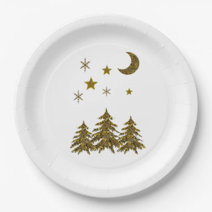 Sparkly Christmas tree, moon, stars Paper Plate