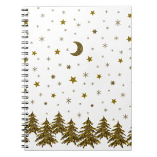 Sparkly Christmas tree, moon, stars Spiral Notebook