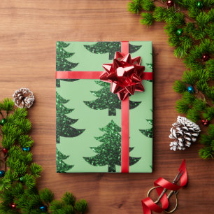 Sparkly Christmas tree pattern sage green Wrapping Paper