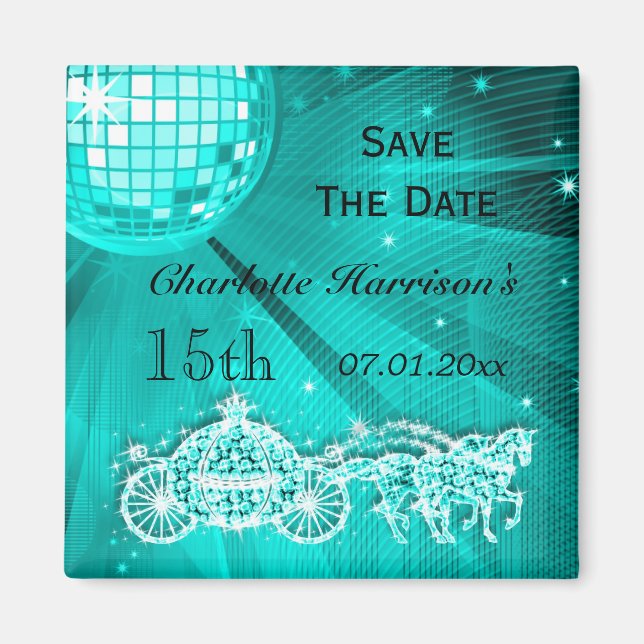 Sparkly Coach & Horses 15th Birthday Save The Date Magnet (Front)