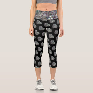 Sparkly colorful silver mosaic Heart black pattern Capri Leggings