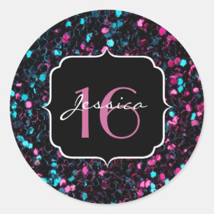 Sparkly colourful pink and blue mosaic Sweet 16 Classic Round Sticker