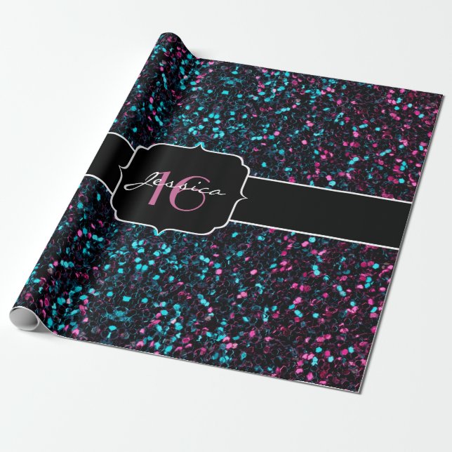 Sparkly colourful pink and blue mosaic Sweet 16 Wrapping Paper (Unrolled)