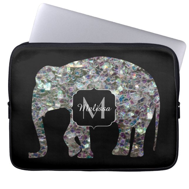 Sparkly colourful silver mosaic Elephant Monogram Laptop Sleeve (Front)