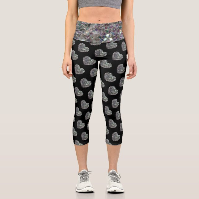 Sparkly colourful silver mosaic Heart black patter Capri Leggings (Front)