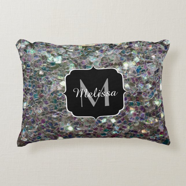 Sparkly colourful silver mosaic Monogram Decorative Cushion (Front)