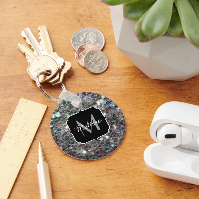 Sparkly colourful silver mosaic Monogram Key Ring (Desk)