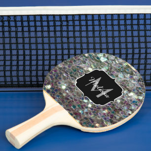 Sparkly colourful silver mosaic Monogram Ping Pong Paddle