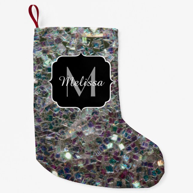Sparkly colourful silver mosaic Monogram Small Christmas Stocking (Front)