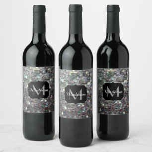 Sparkly colourful silver mosaic Monogram Wine Label