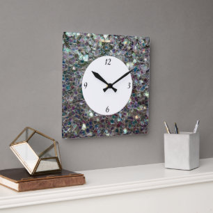 Sparkly colourful silver mosaic with numbers square wall clock