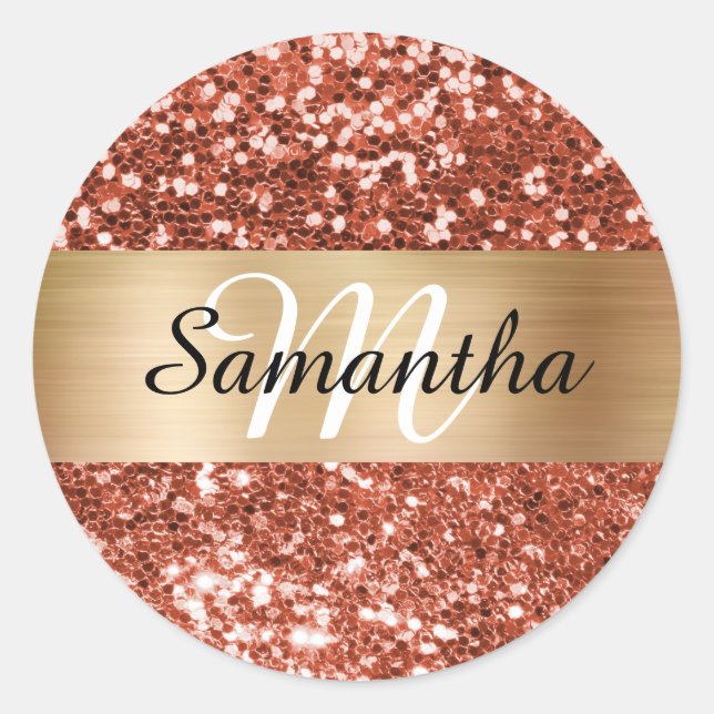 Sparkly Copper Glitter Gold Shimmer Monogram Classic Round Sticker (Front)