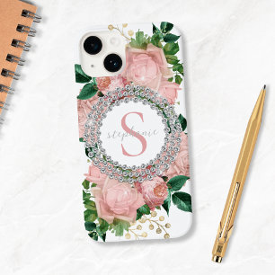 Sparkly Custom Pink Roses Diamonds Monogram  Case-Mate iPhone 14 Case