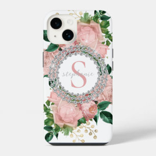 Sparkly Custom Pink Roses Diamonds Monogram iPhone 14 Case