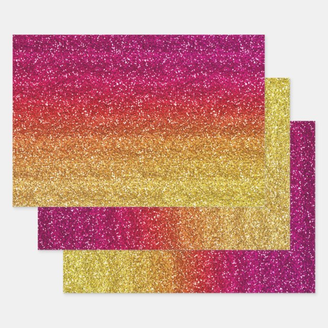 Sparkly Dark Pink & Yellow Gradient Glitter Wrapping Paper Sheet (Set)