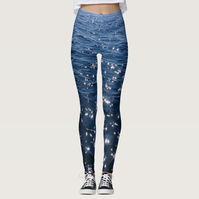 Sparkly Deep Blue Sea Waves Leggings (Front)