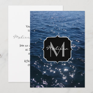 Sparkly Deep Blue Sea Waves Monogram Invitation
