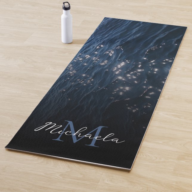 Sparkly Deep Blue Sea Waves Monogram Yoga Mat (In Situ)