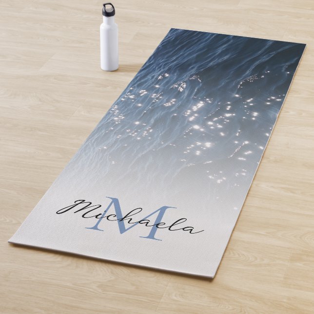 Sparkly Deep Blue Sea Waves Monogram Yoga Mat (In Situ)