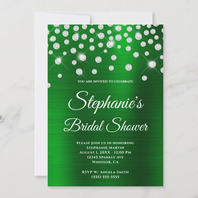 Sparkly Diamond Emerald Satin Foil Bridal Shower Invitation (Front)