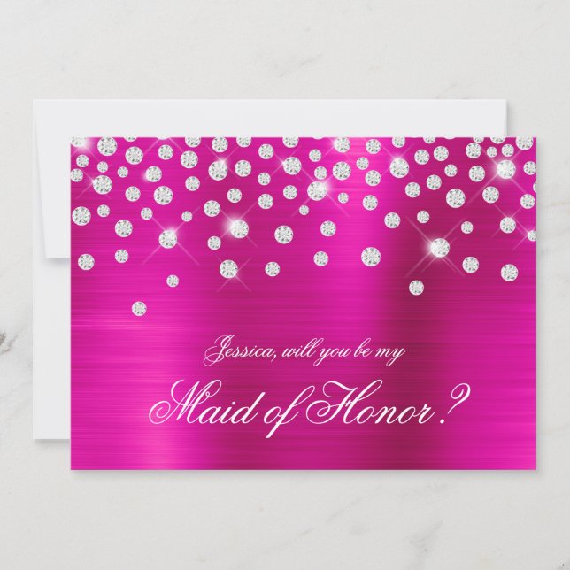 Sparkly Diamond Hot Pink Foil Maid of Honour Invitation (Front)