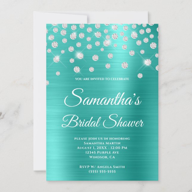 Sparkly Diamond Turquoise Satin Foil Bridal Shower Invitation (Front)