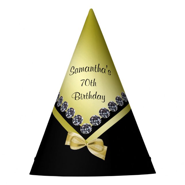 Sparkly Diamonds & Gold Bow 70th Birthday Party Hat (Front)