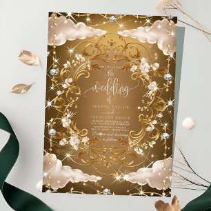Sparkly Diamonds Golden florals Wedding Invitation