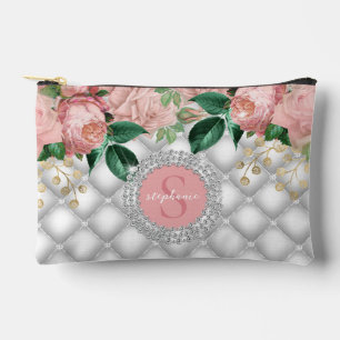 Sparkly Diamonds Pink Roses Monogram  Accessory Pouch