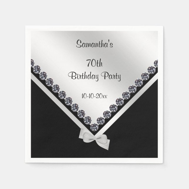 Sparkly Diamonds & Silver Bow 70th Birthday Napkin (Front)