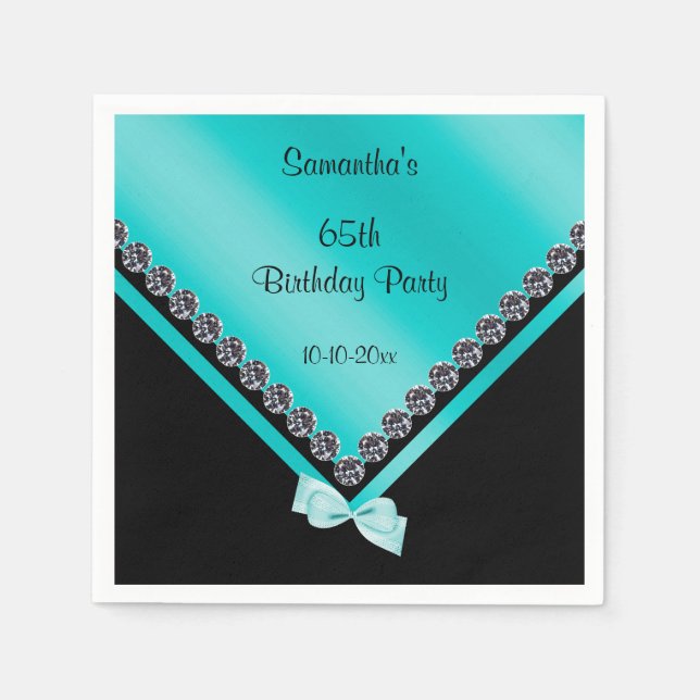 Sparkly Diamonds & Teal Bow 65th Birthday Napkin (Front)
