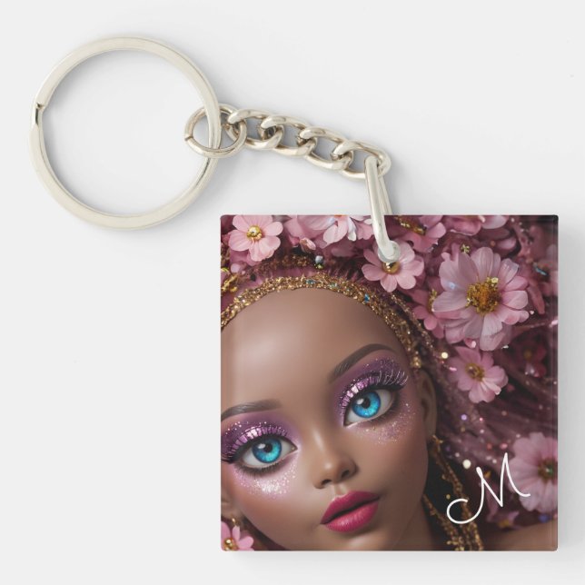 Sparkly Doll Glitter and Flowers Key Ring (Front)