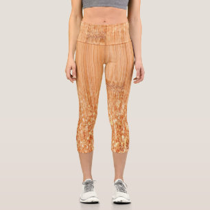 Sparkly elegant orange bamboo wood print capri leggings