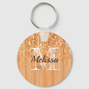 Sparkly elegant orange bamboo wood print Monogram Key Ring