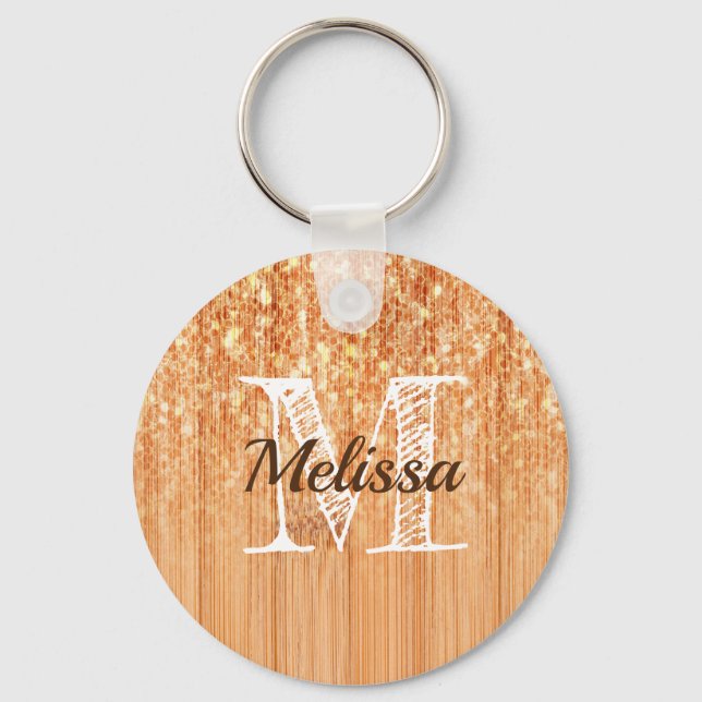 Sparkly elegant orange bamboo wood print Monogram Key Ring (Front)
