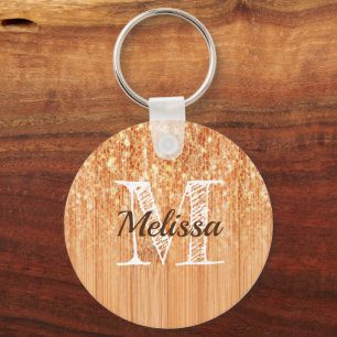 Sparkly elegant orange bamboo wood print Monogram Key Ring