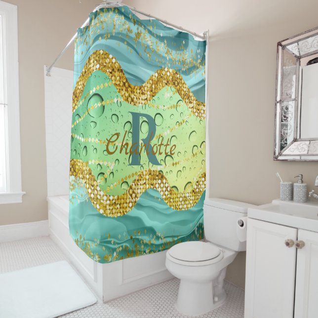 Sparkly Emerald Green Monogram | Luminous Gradient Shower Curtain (In Situ)