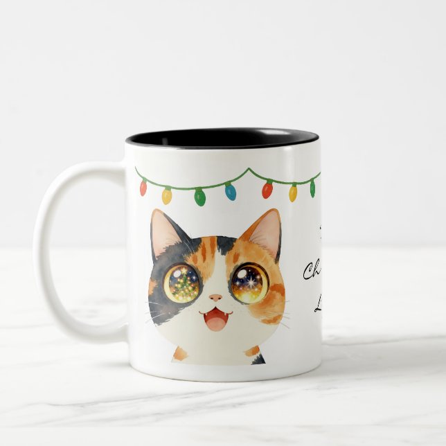 Sparkly-Eyed Cat Holy Christmas Lights Two-Tone Coffee Mug (Left)