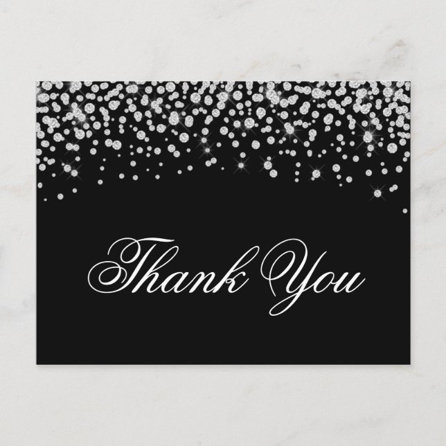 Sparkly Faux Diamonds Black Thank You Postcard (Front)