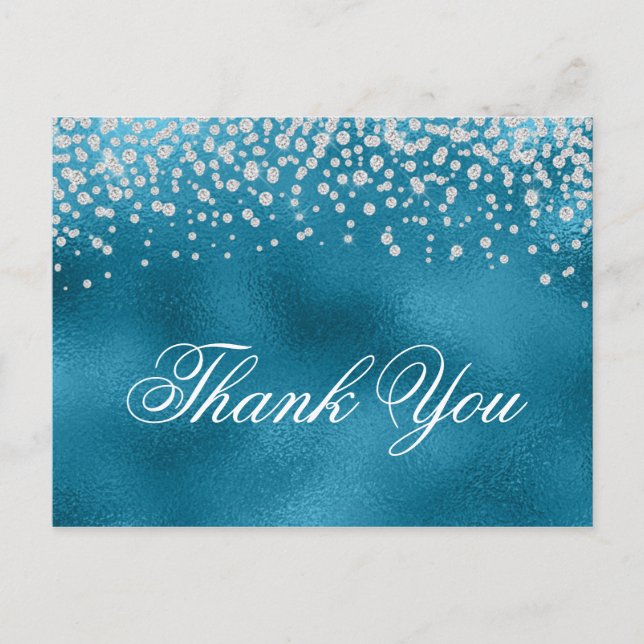 Sparkly Faux Diamonds Blue Foil Thank You Postcard (Front)
