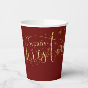 Sparkly Faux Gold Flake Merry Christmas on Red Paper Cups