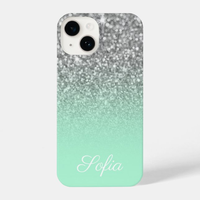 Sparkly Faux Silver Glitter and Mint Green Ombre iPhone Case (Back)
