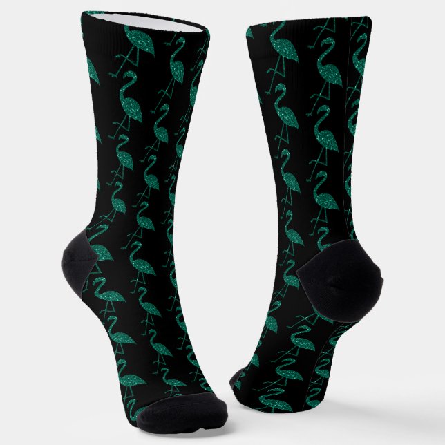 Sparkly flamingo Emerald glitter pattern black Socks (Angled)