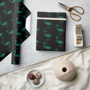 Sparkly flamingo Emerald glitter pattern black Wrapping Paper