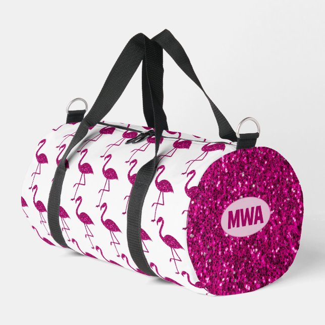 Sparkly flamingo hot pink faux sparkles Monogram Duffle Bag (Left Corner)